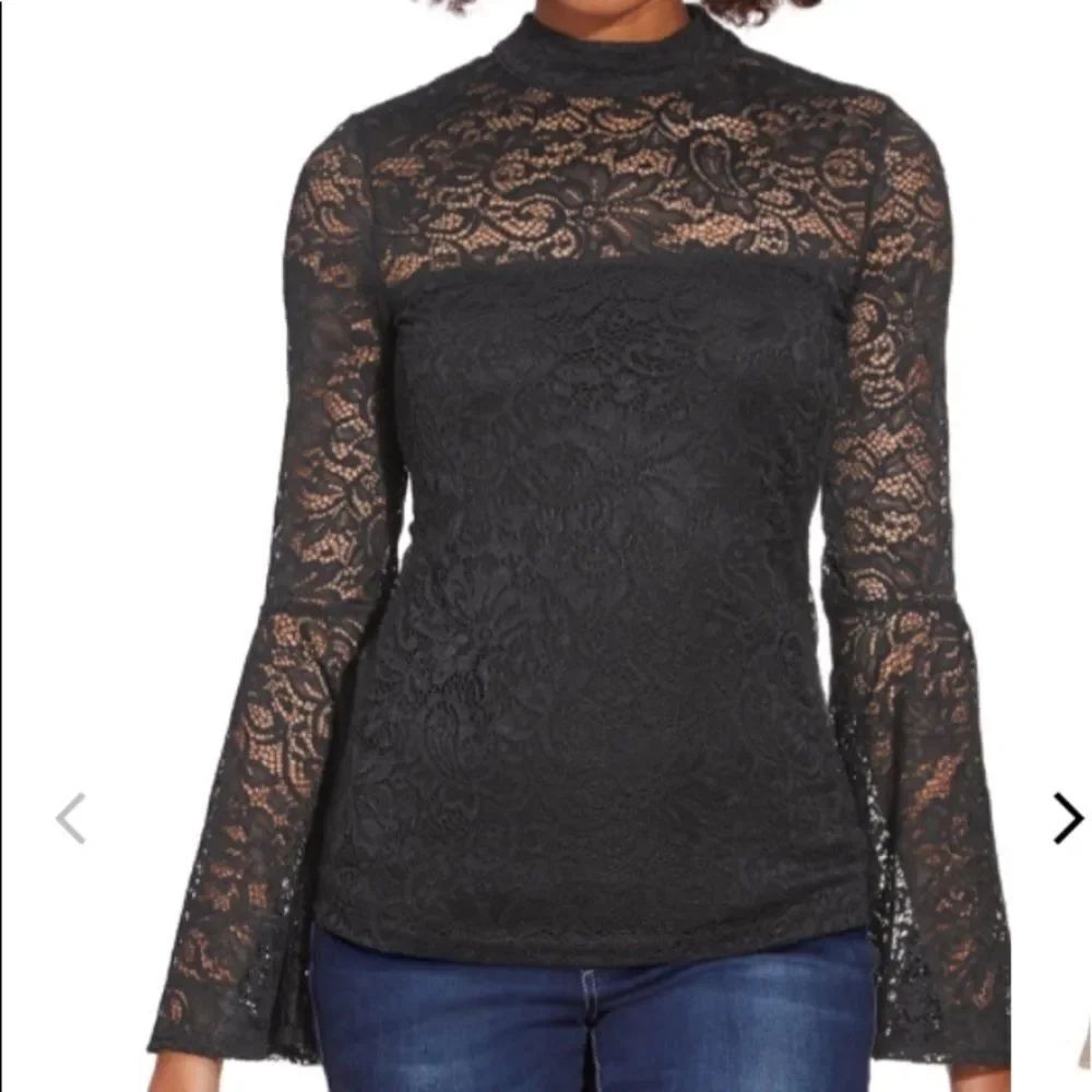NWT! SZ XS BLACK LACE MOCK-NECK LONG-SLEEVE TOP